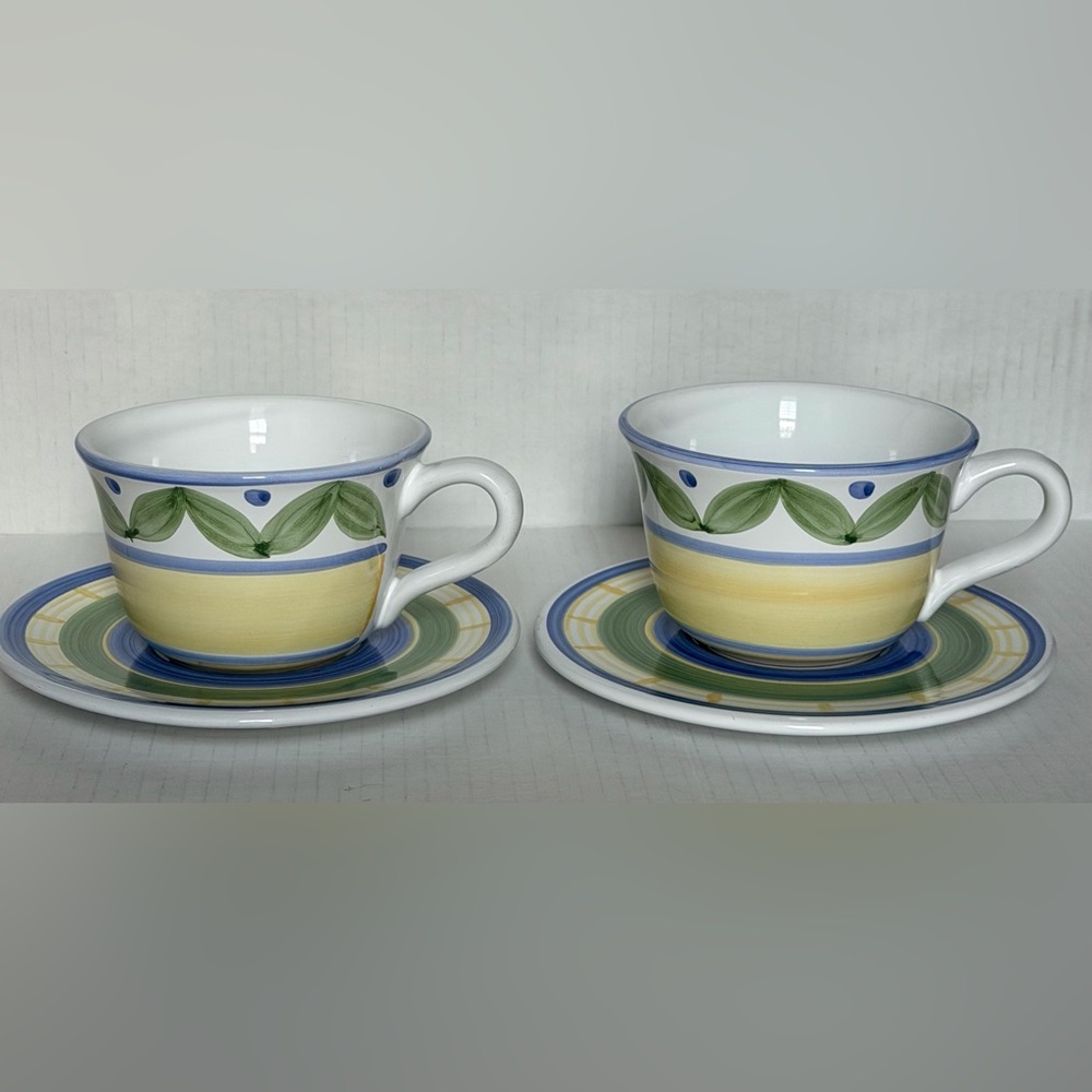Williams-Sonoma Marisol Coffee Latte Mugs Cup 2pc Italy Ceramic With Saucers